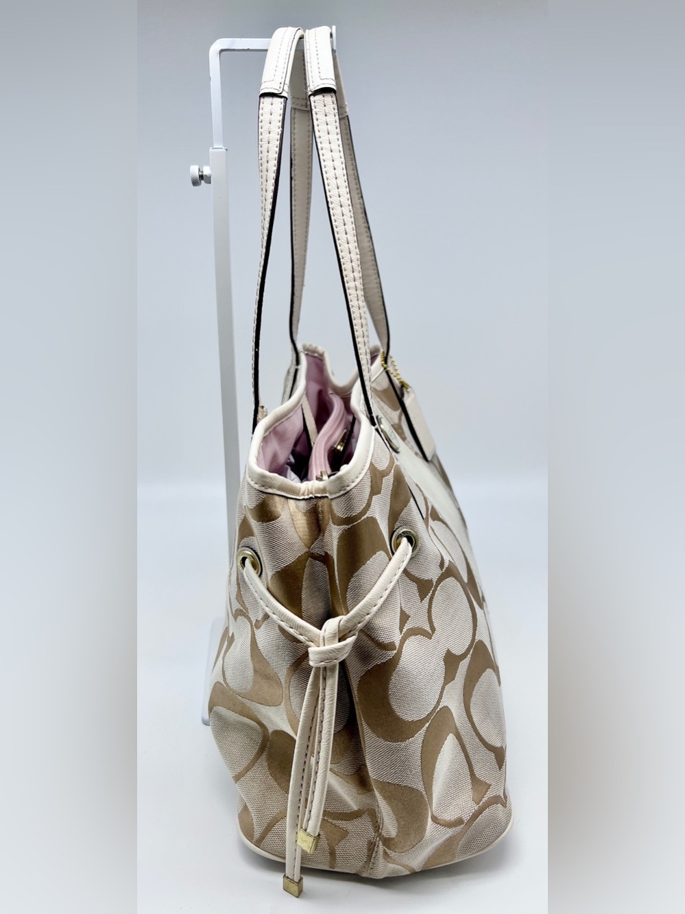 Coach Signature Stripe Carryall Bag Tote F21949 Khaki/Chalk - Picture 3 of 9